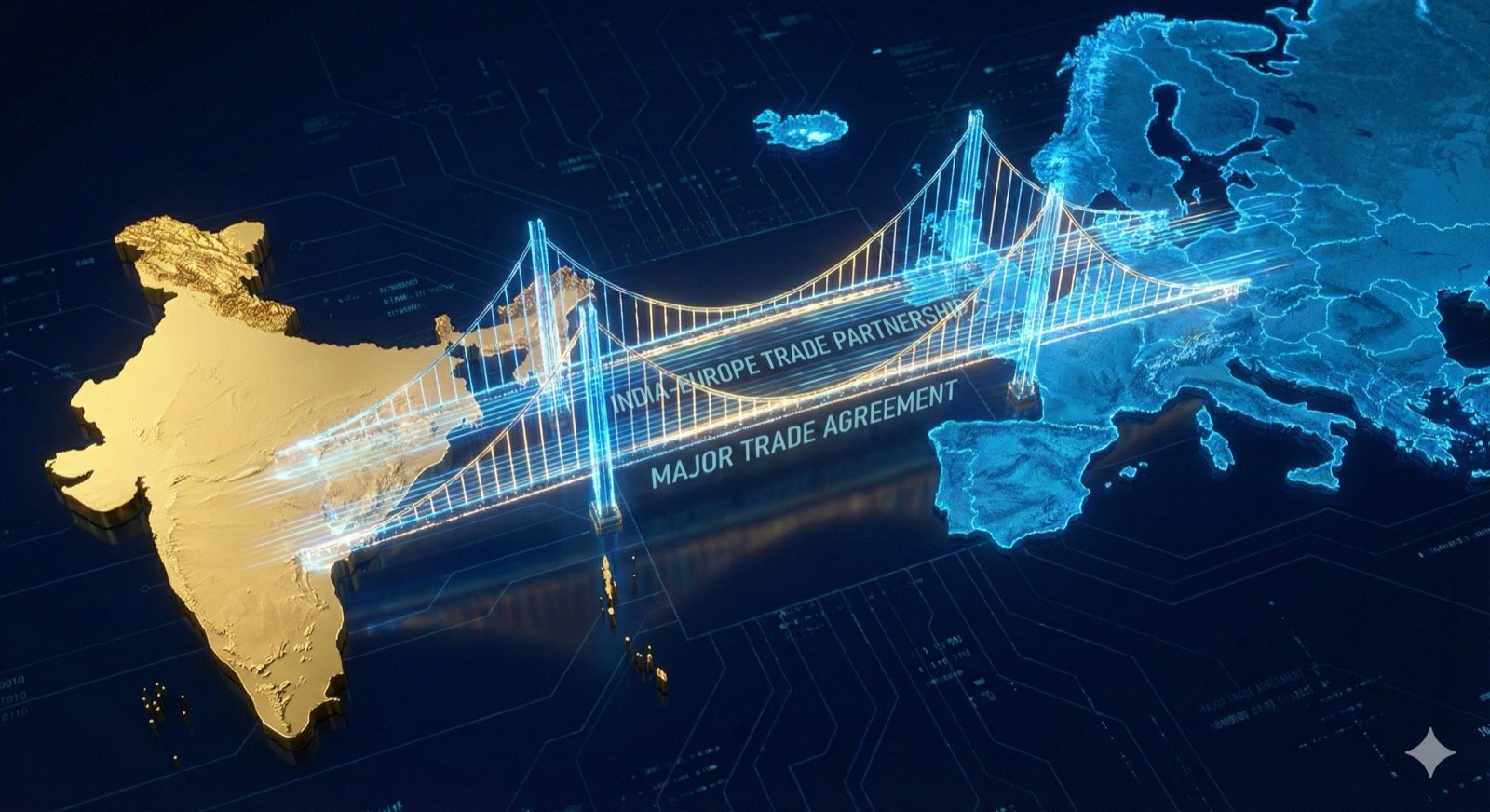 Digital bridge connecting India and Europe maps representing the India-EU FTA deal