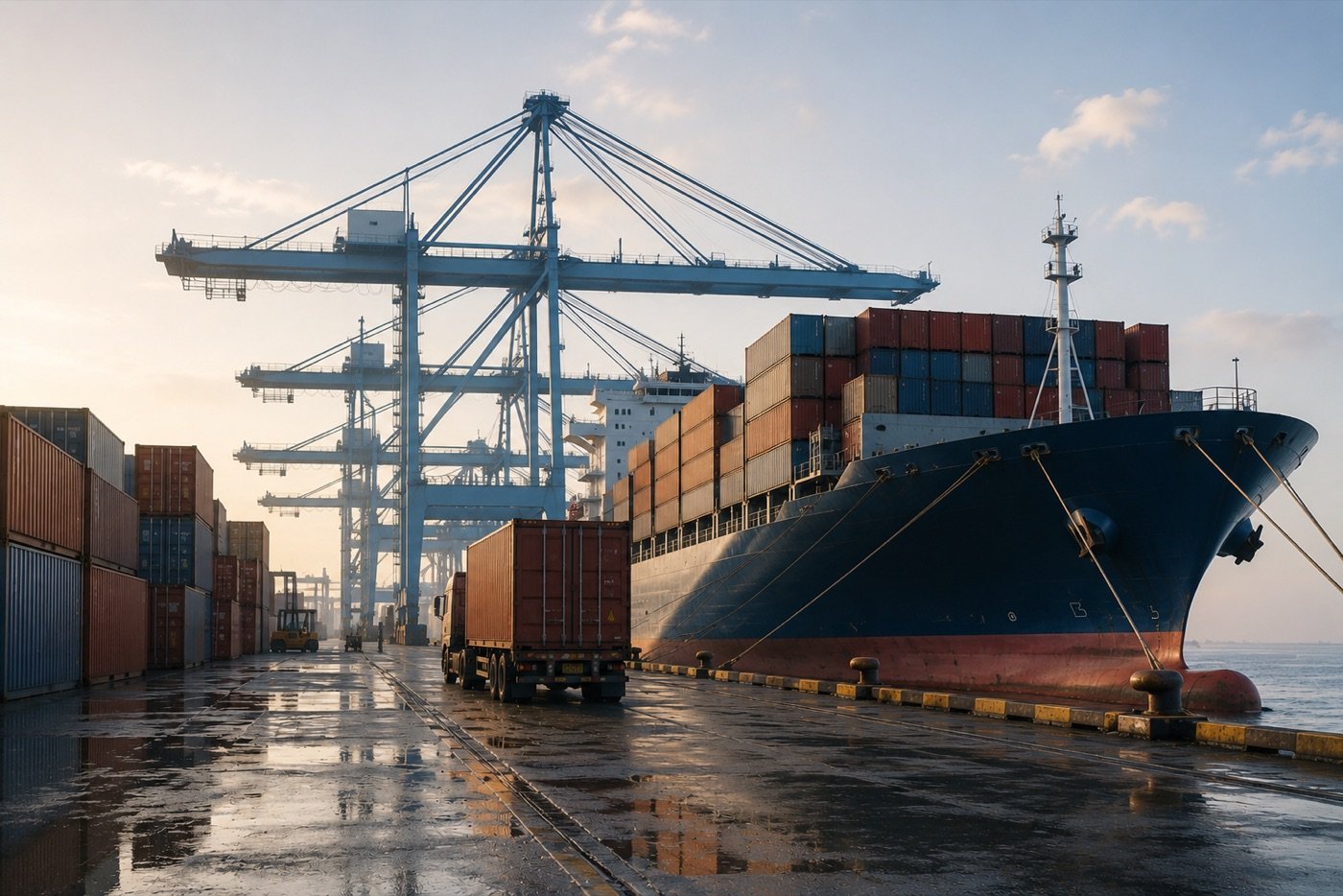 Container ship and cranes at an Indian port